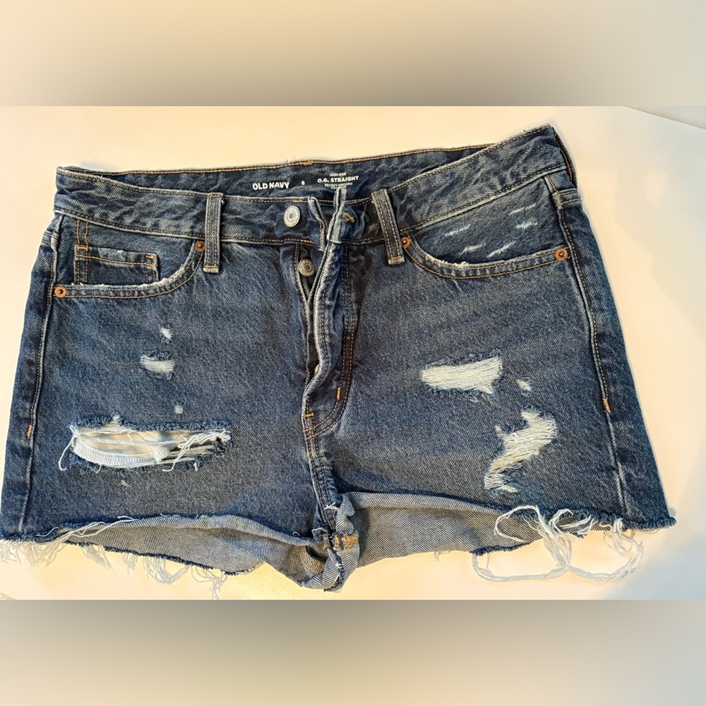 Old Navy Blue Jean high rise button fly Shorts Distressed frayed hem size 8